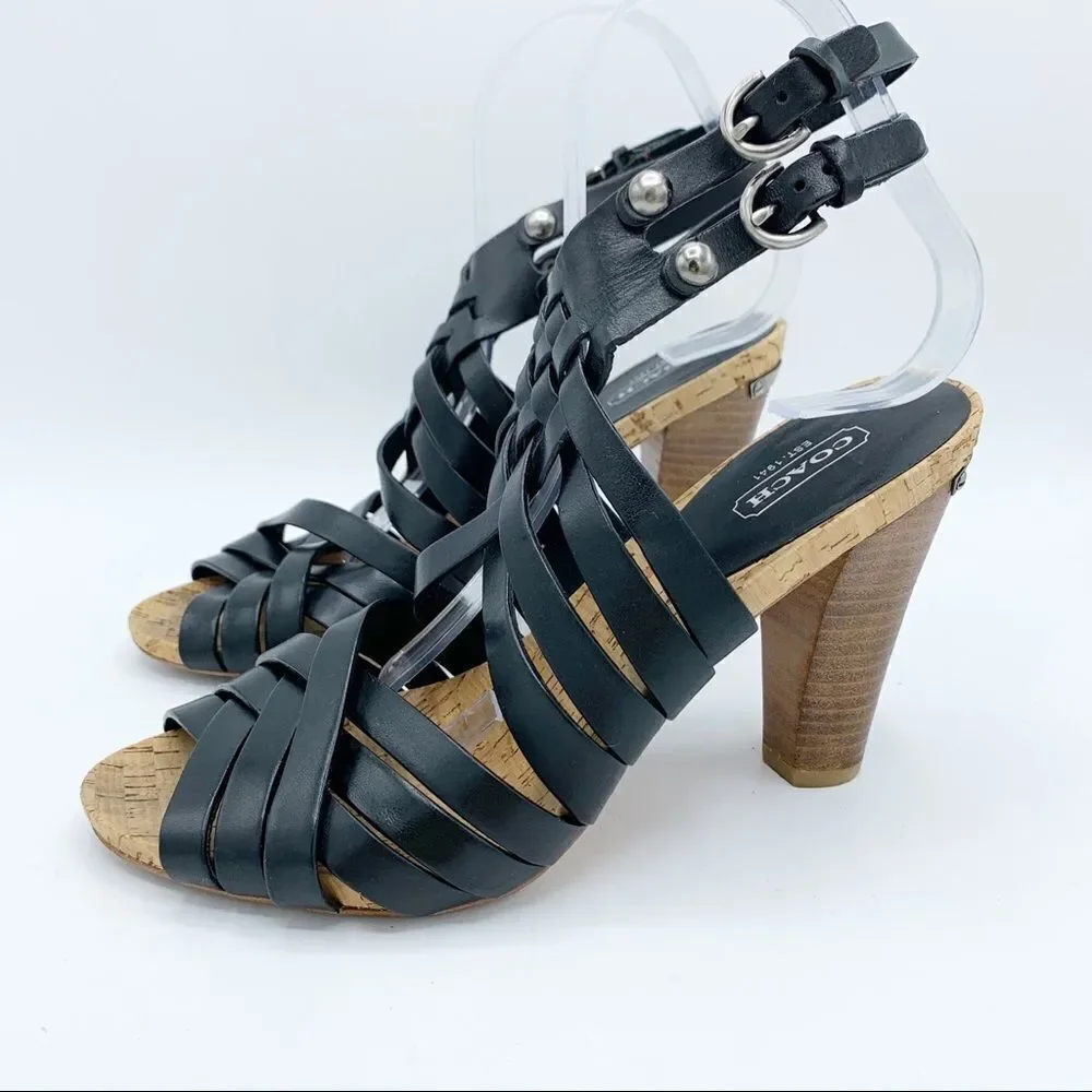 Coach · Black Leather Strappy Adrienne Block‎ Heels · Sz 8.5